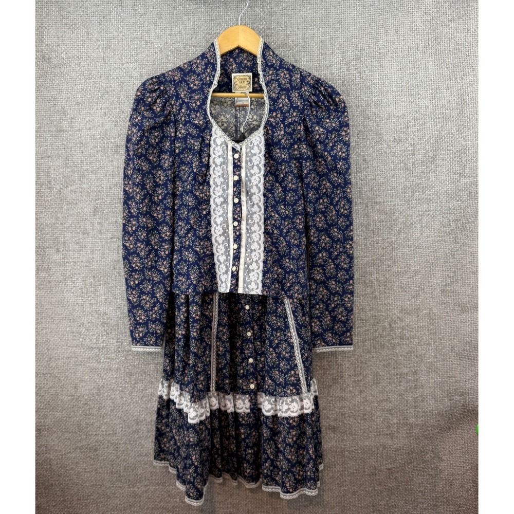 Gunne Sax Skirt Set Women 5‎ Blue 1970's Vintage Cotton Floral Lace Cottagecore